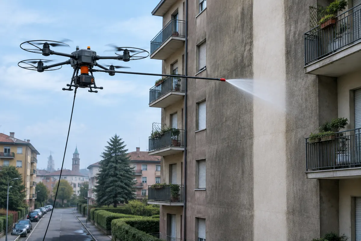 Drone che pulisce la facciata di un condominio senza ponteggi