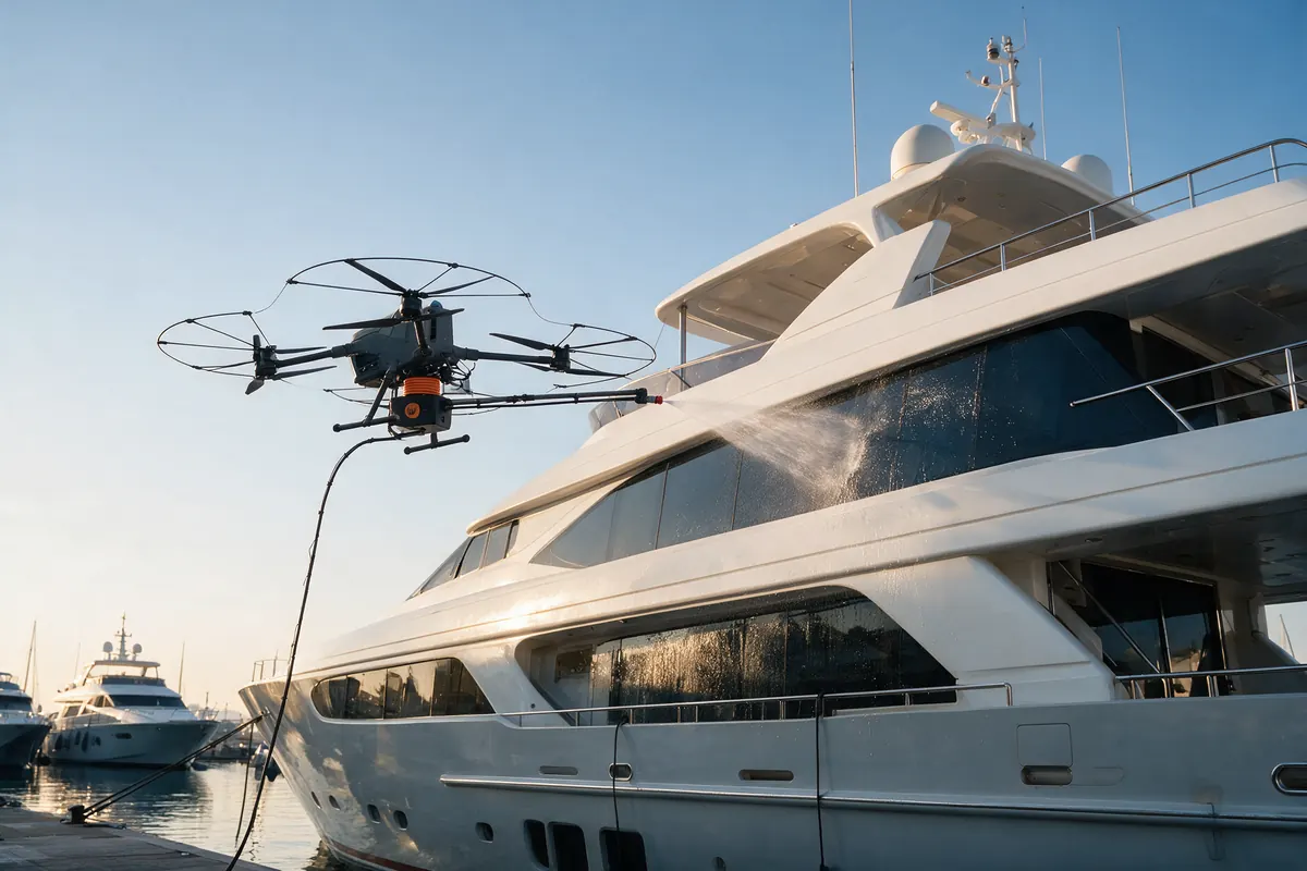 Drone che lava vetrate e sovrastruttura di uno yacht in porto
